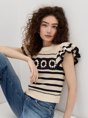 Rails Penelope Crochet Ruffle Sleeve Stripe Crop Top Sweater Blac